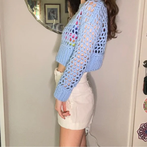 Sold 9/4/24 live Baby Blue Hand Crochet Cropped Sweater Top - Picture 6 of 7